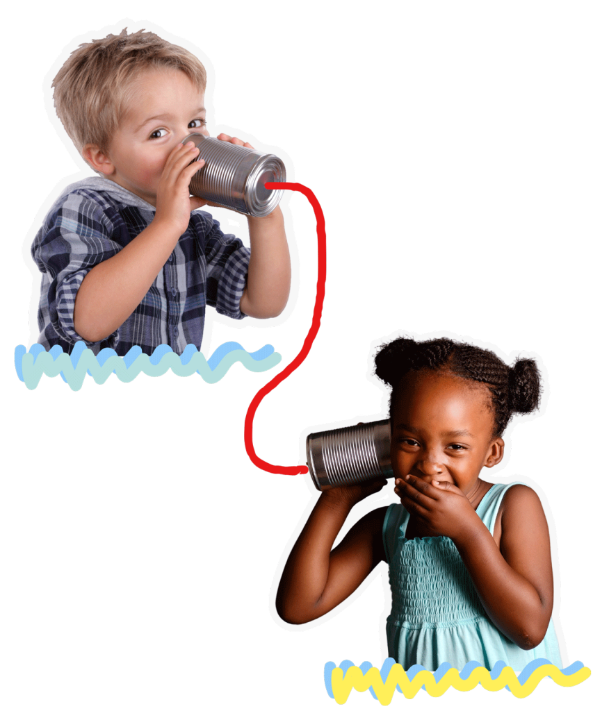 A little boy and a girl talking and giggling through tin cans about speech therapy in San Diego.