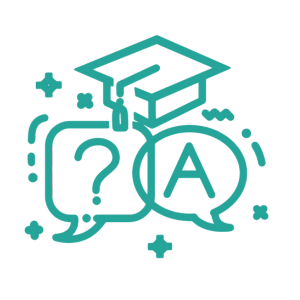 A graduated hat and speaking bubbles with the symbols of questions and answers.