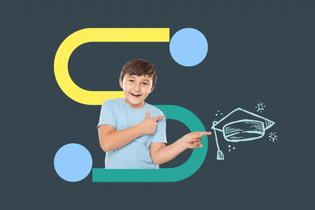 A child against a geometric background pointing to a graduate hat, symbolizing the goals and achievements in speech therapy for kids.