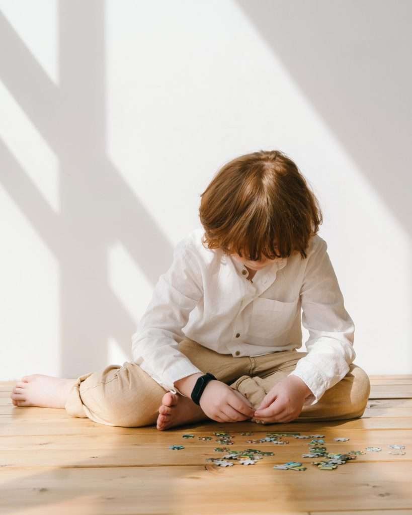 Young boy focused on puzzle play. Hero image symbolizing speech delay vs autism.