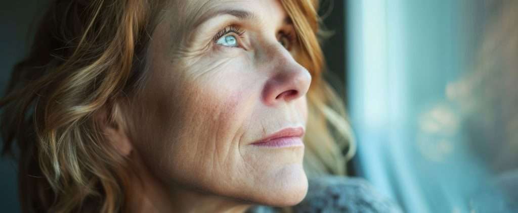 Older woman looking out window, showing contemplation and hope.