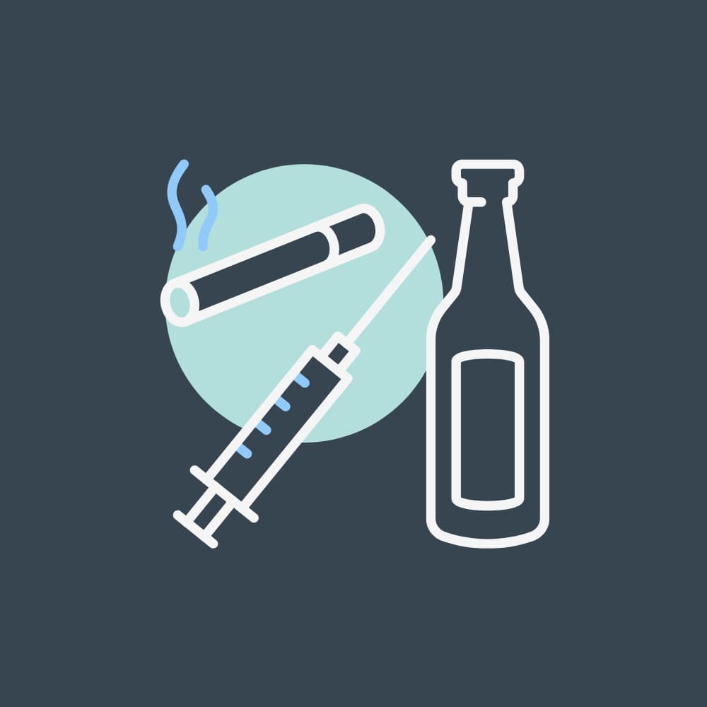 Graphic of a bottle of alcohol, a cigarette and an injection needle. 