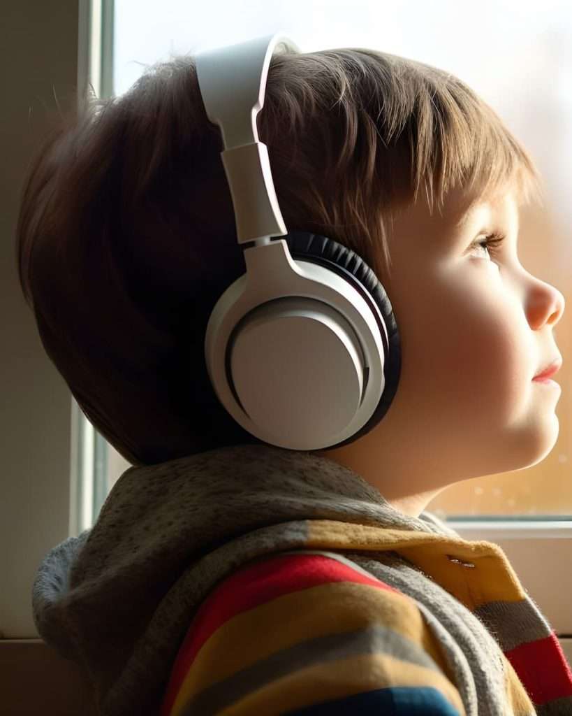Boy with headsets staring out a window, symbolizing social communication disorder.